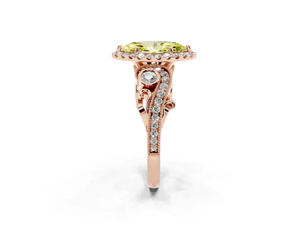 Fancy Yellow Marquise Cut Diamond Halo Ring with Milgrain Pavé Band and Four-Prong Setting Rose gold