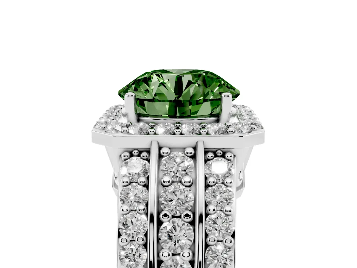 Fancy Green Round Cut Halo Diamond Ring with Round Split Shank and Prong Setting Silver