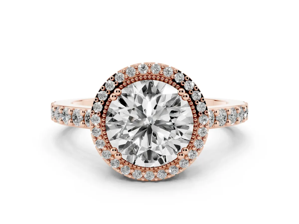 Round Cut Cut Diamond Halo Engagement Ring with Milgrain Detail and Pavé Band Rose gold