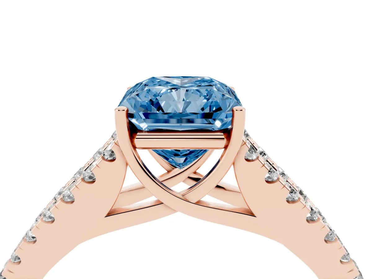 Fancy Blue Radiant Cut Diamond Split Shank Engagement Ring with Round Pavé and Prong Setting Rose gold