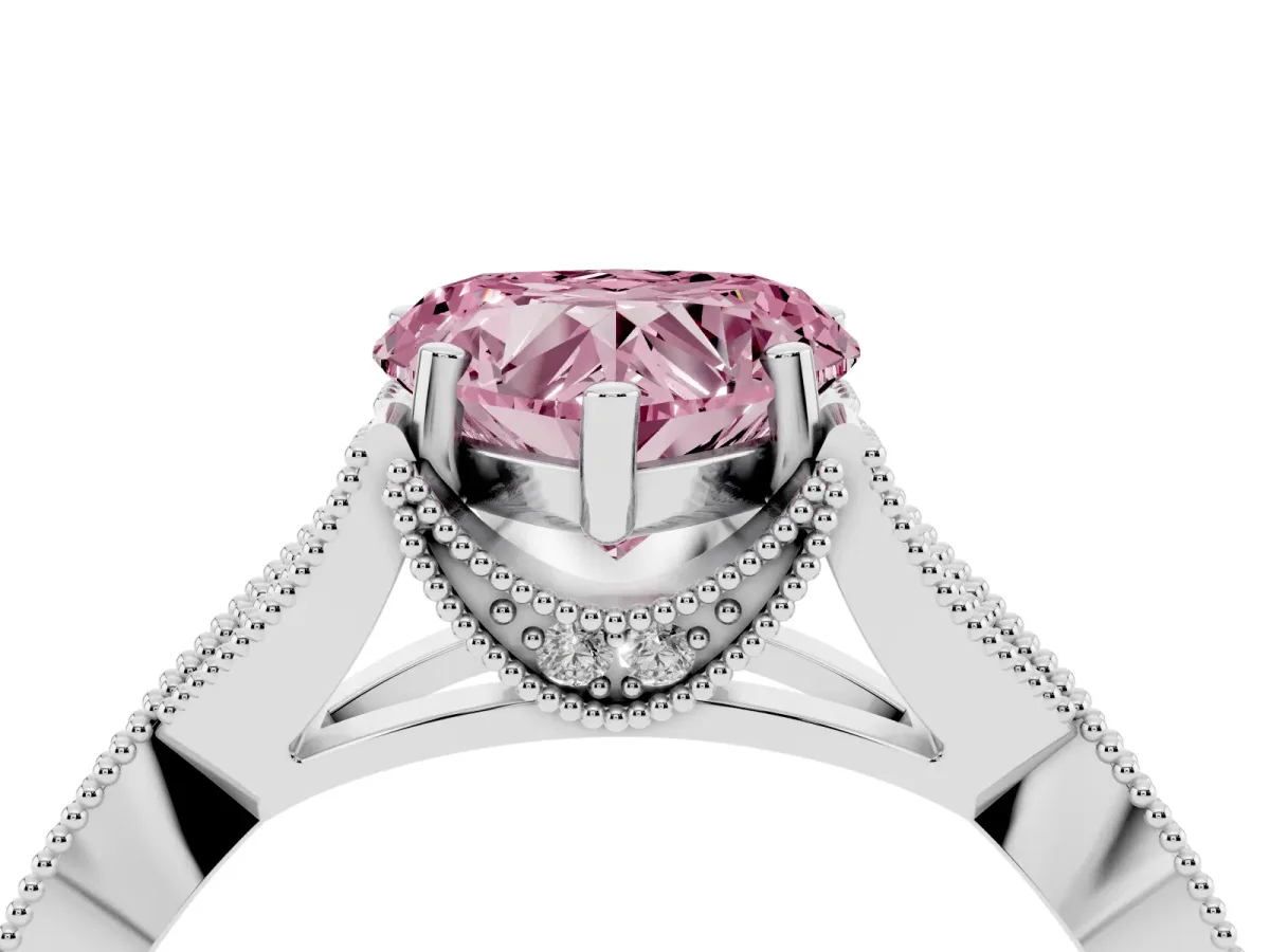 Fancy Pink Heart Cut Cut Diamond Twisted Band with Milgrain Pave Setting and Four-Prong Setting Silver