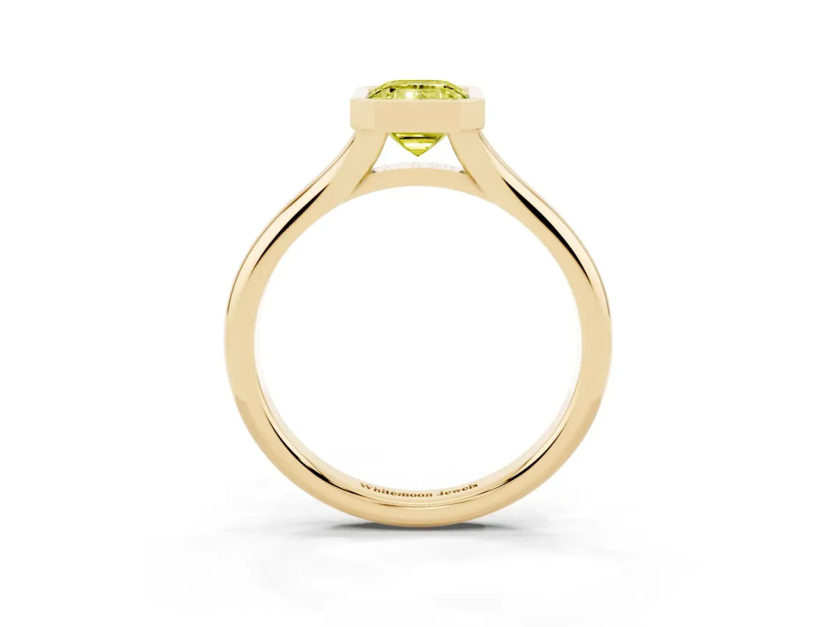 Fancy Yellow Bezel Set Emerald Cut Solitaire Diamond Ring with Smooth Band Yellow gold
