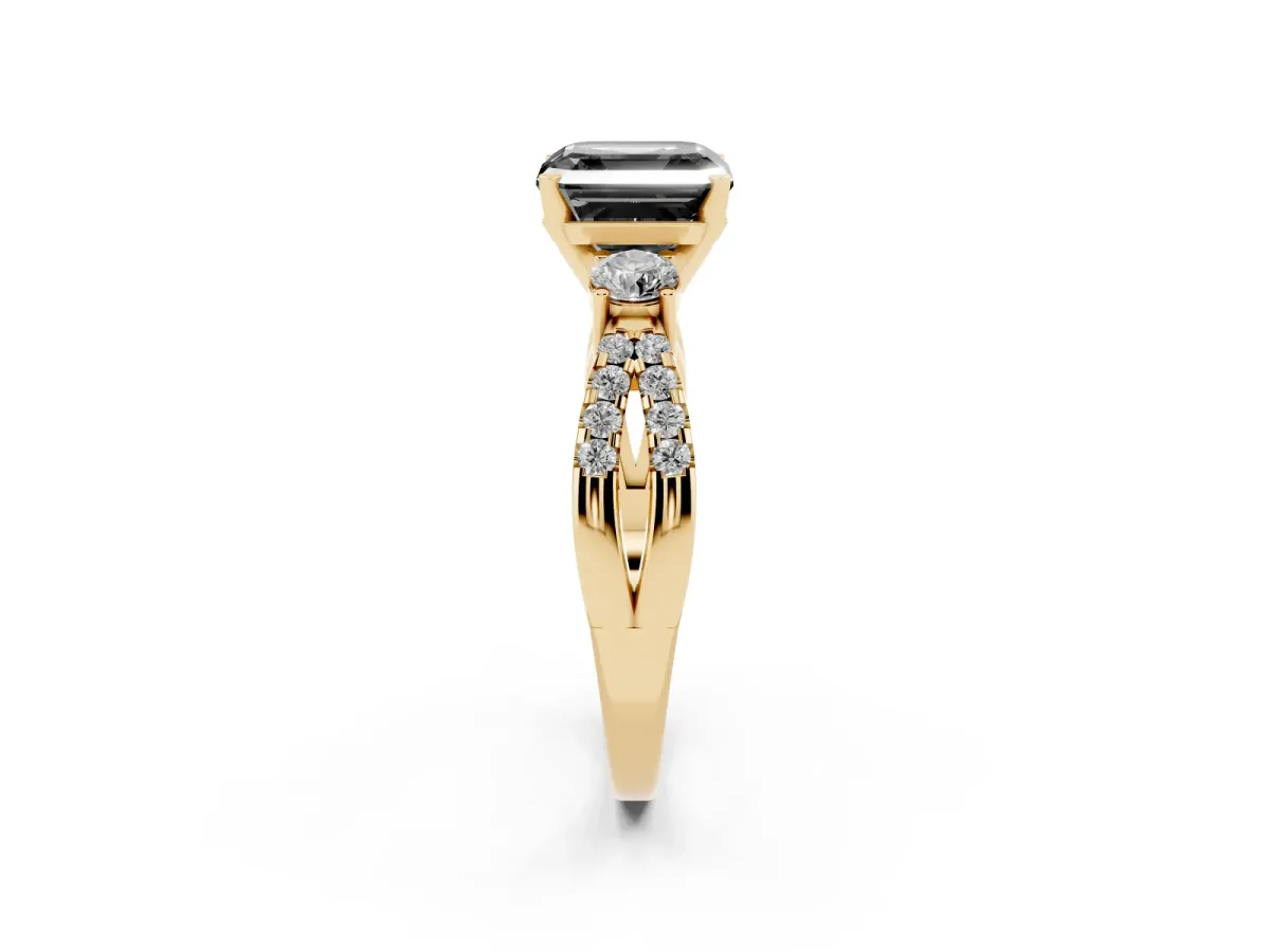 Fancy Black Asscher Cut Diamond Three-Stone Ring with Pavé Split Shank and Four-Prong Setting Yellow gold