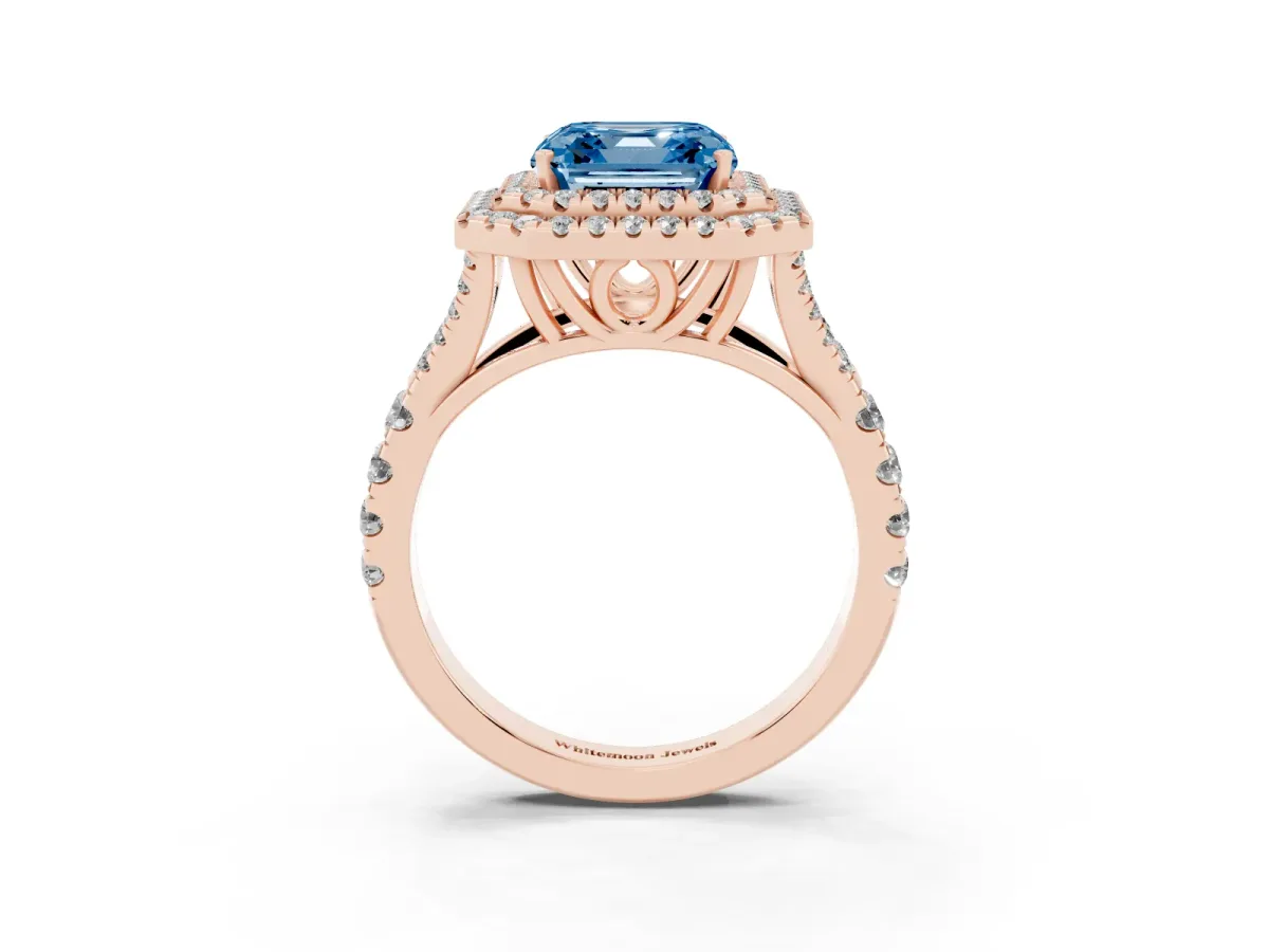 Fancy Blue Asscher Cut Diamond Pavé Split Shank Double Halo Engagement Ring Rose gold