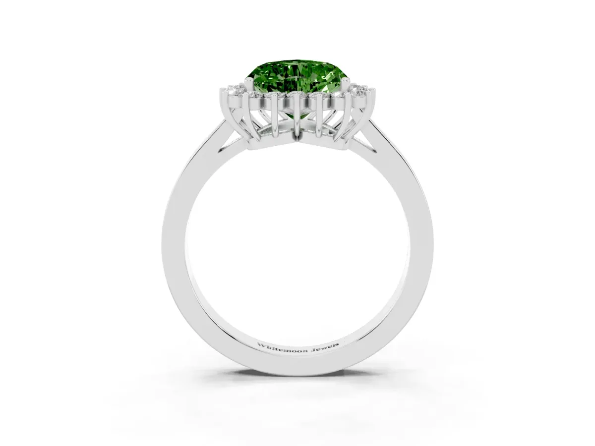 Fancy Green Heart Cut Cut Diamond Halo Ring with Round Brilliant Halo and Solitaire Band Silver
