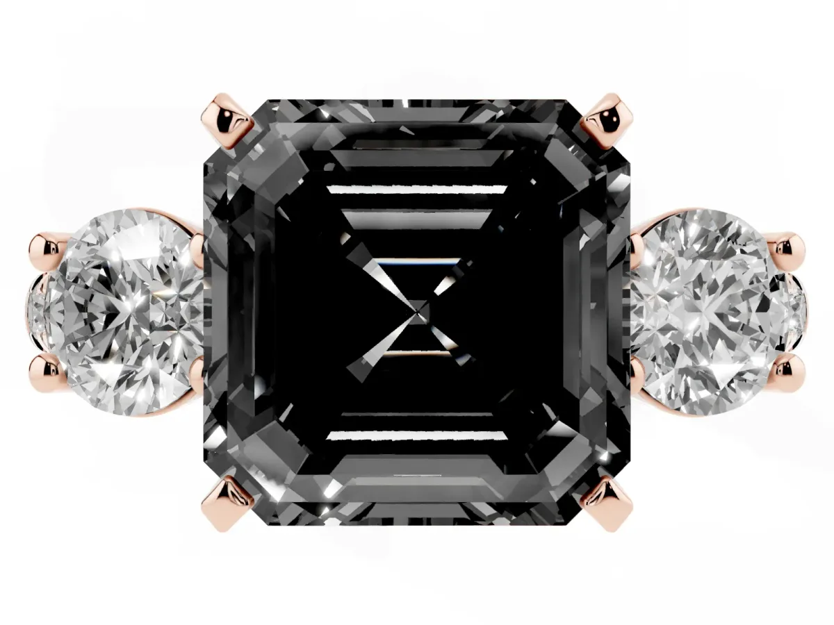 Fancy Black Three-Stone Asscher Cut Diamond Pavé Band with Four-Prong Setting Rose gold
