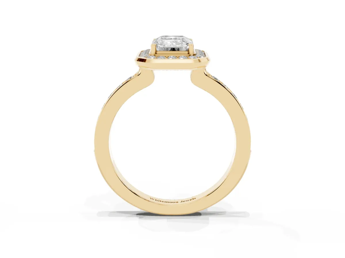 Emerald Cut Diamond Halo Ring with Bezel Frame and Pavé Band Yellow gold