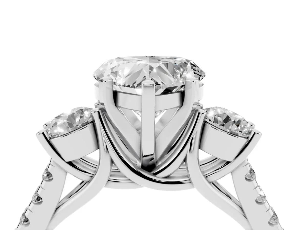 Three-Stone Heart Cut Diamond Pavé Band with Four-Prong Setting Platinum