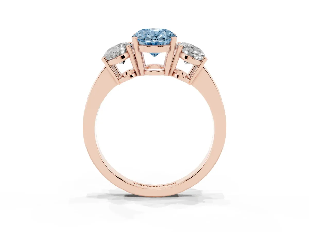 Fancy Blue Three-Stone Oval Cut Cut Diamond Engagement Ring with Flat Band and Four-Prong Setting Rose gold