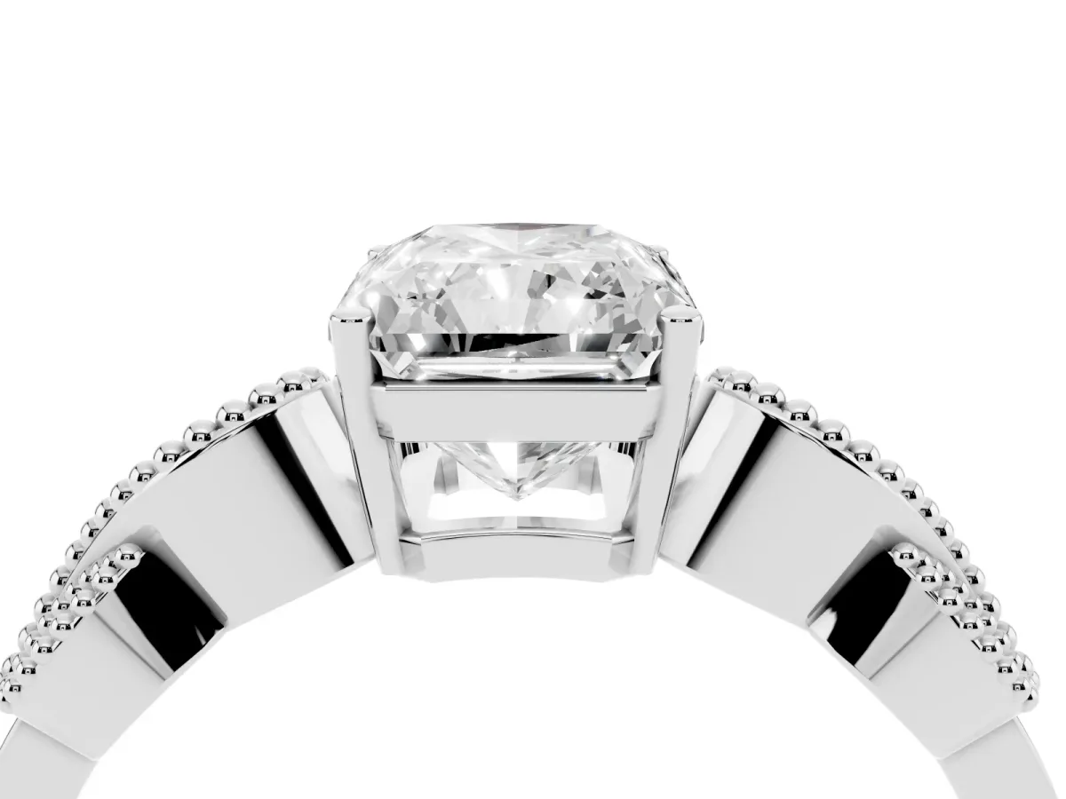 Radiant Cut Solitaire Milgrain Leaf Band with Prong Setting White gold