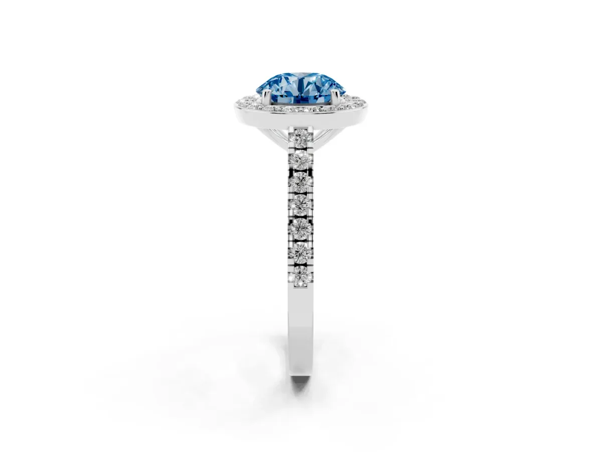 Fancy Blue Round Cut Diamond Halo Ring with Round Pavé Split Shank and Prong Setting Platinum