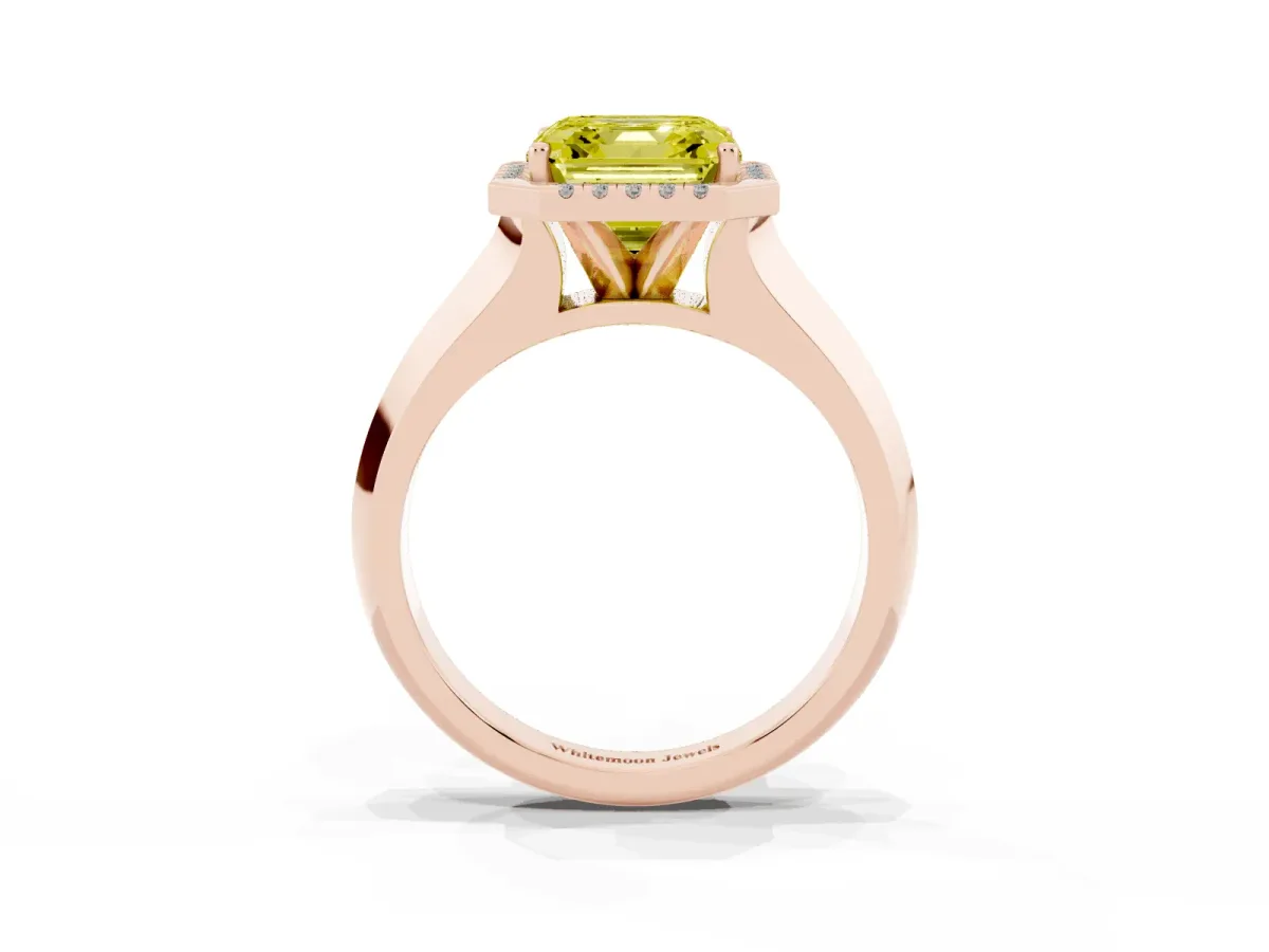 Fancy Yellow Asscher Cut Halo Diamond Ring with Cathedral Band and Four-Prong Setting Rose gold