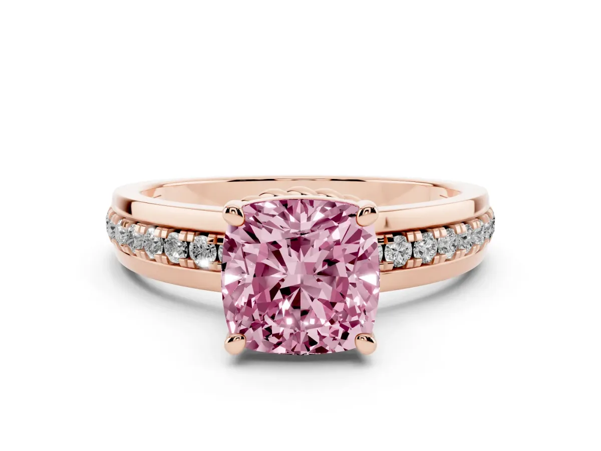 Fancy Pink Cushion Cut Solitaire Diamond Ring with Channel Set Band and Six-Prong Setting Rose gold