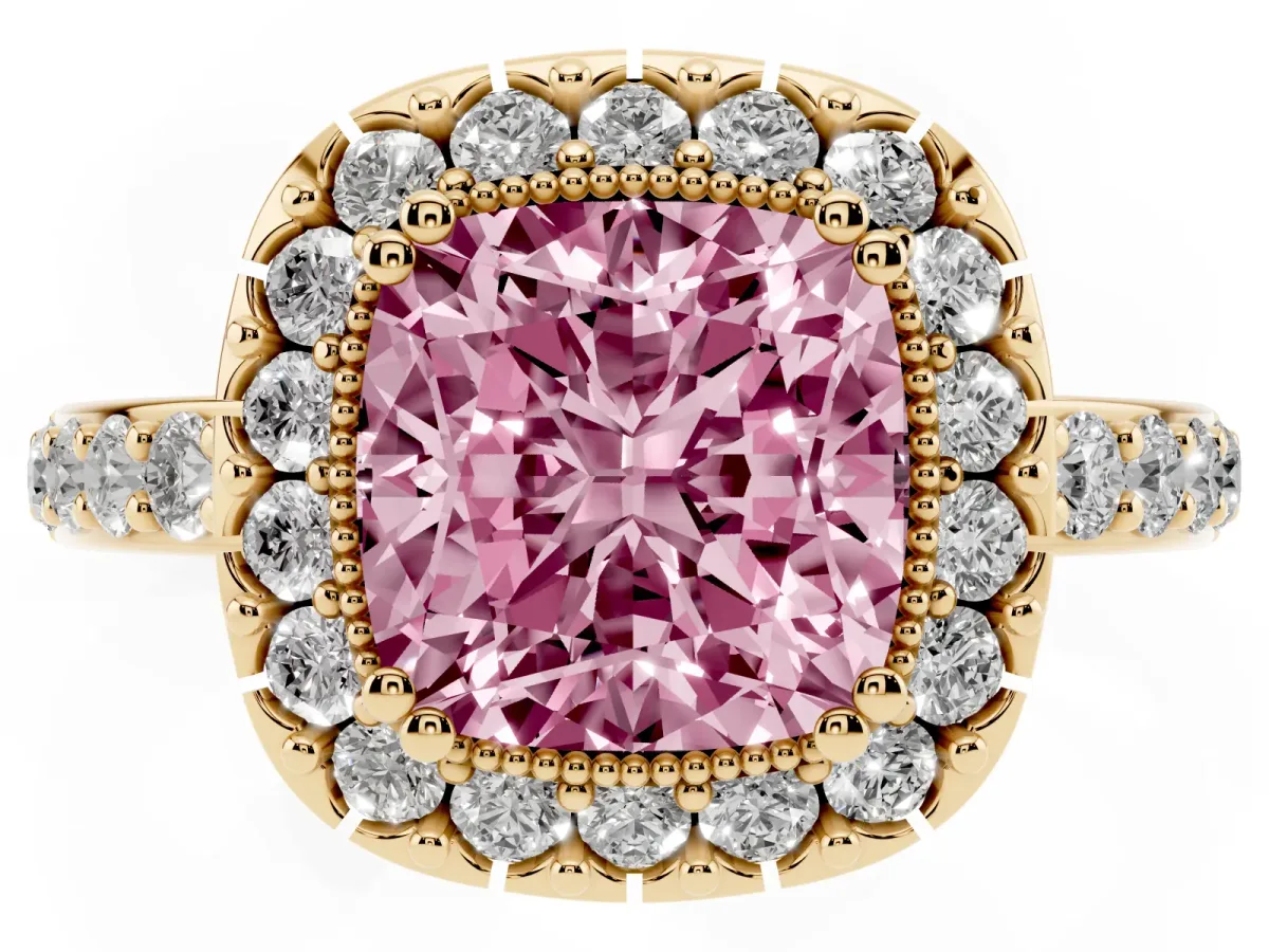 Fancy Pink Cushion Cut Diamond Halo Ring with Pavé Band and Prong Setting Yellow gold
