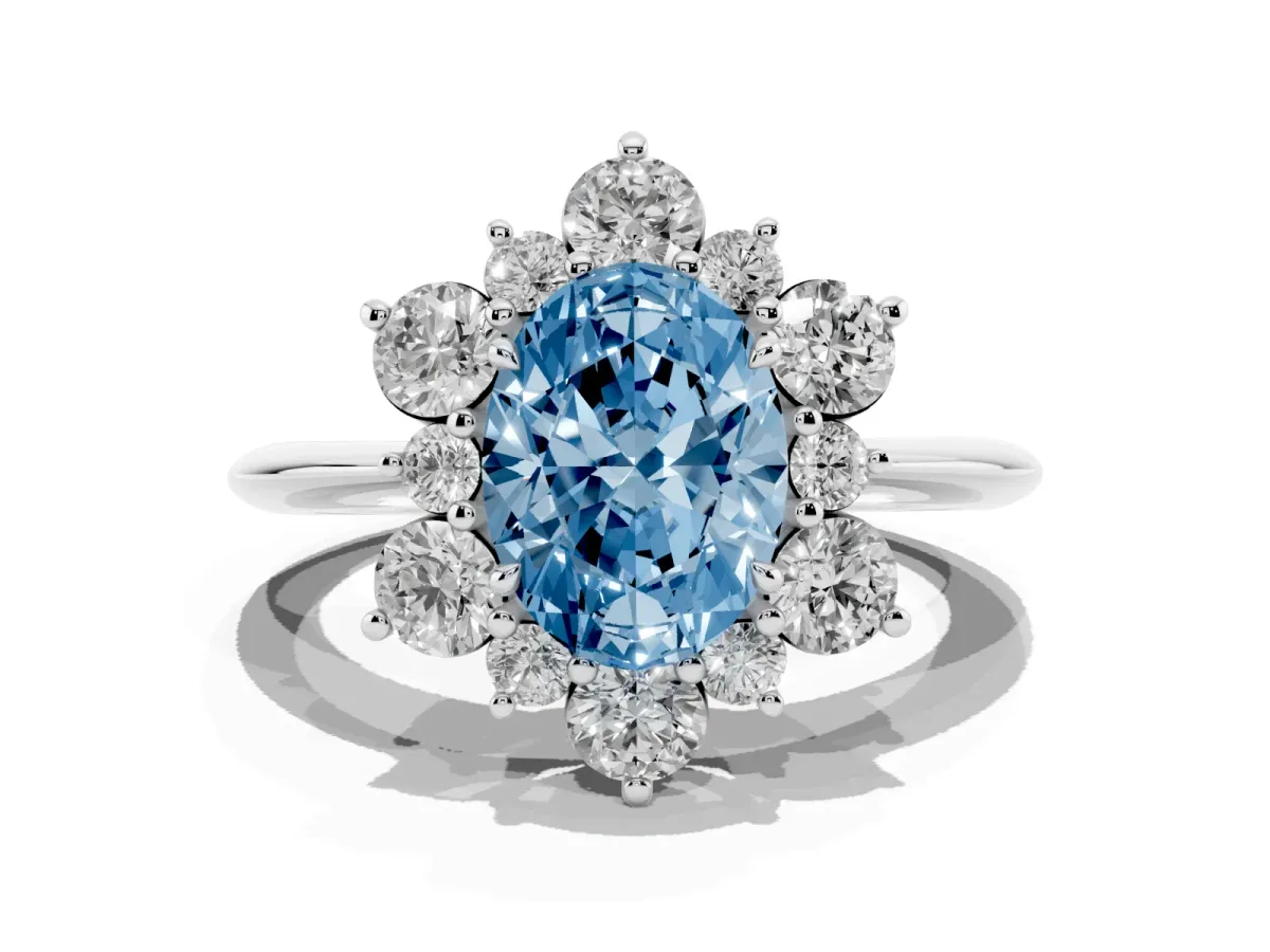 Fancy Blue Oval Cut Diamond Cluster Halo Ring with Solitaire Band and Four-Prong Setting Silver