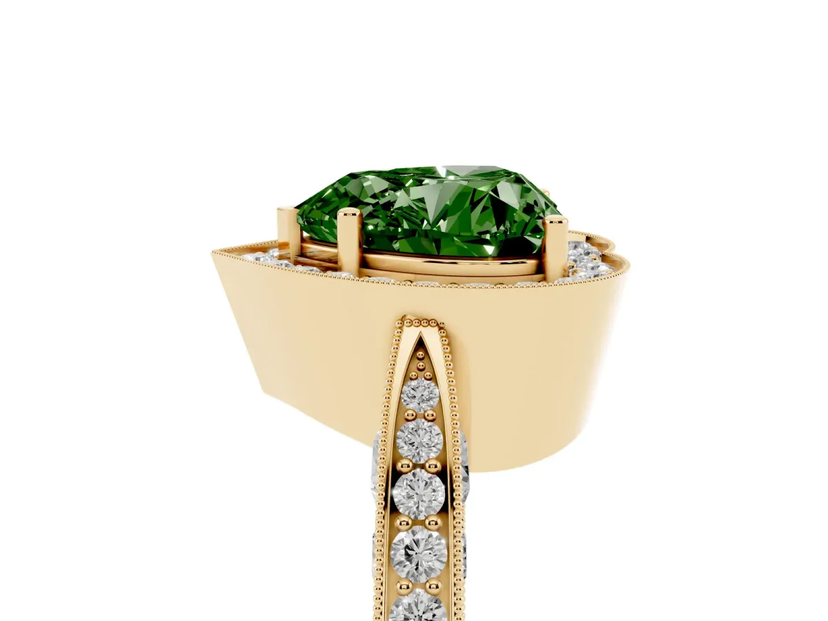 Fancy Green Heart Cut Halo Diamond Engagement Ring with Split Shank Band and Four-Prong Setting Yellow gold