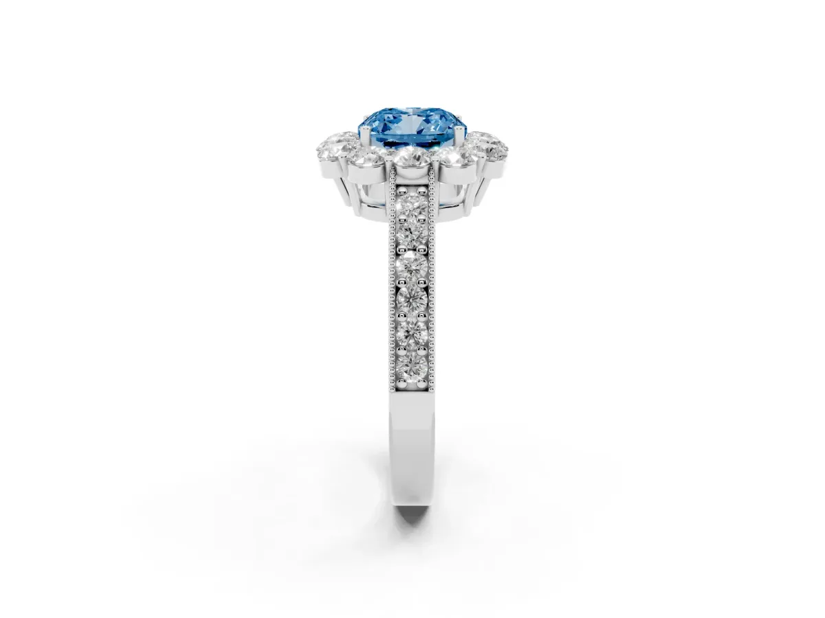 Fancy Blue Cushion Cut Cut Halo Diamond Pavé Engagement Ring with Milgrain Detailing Platinum