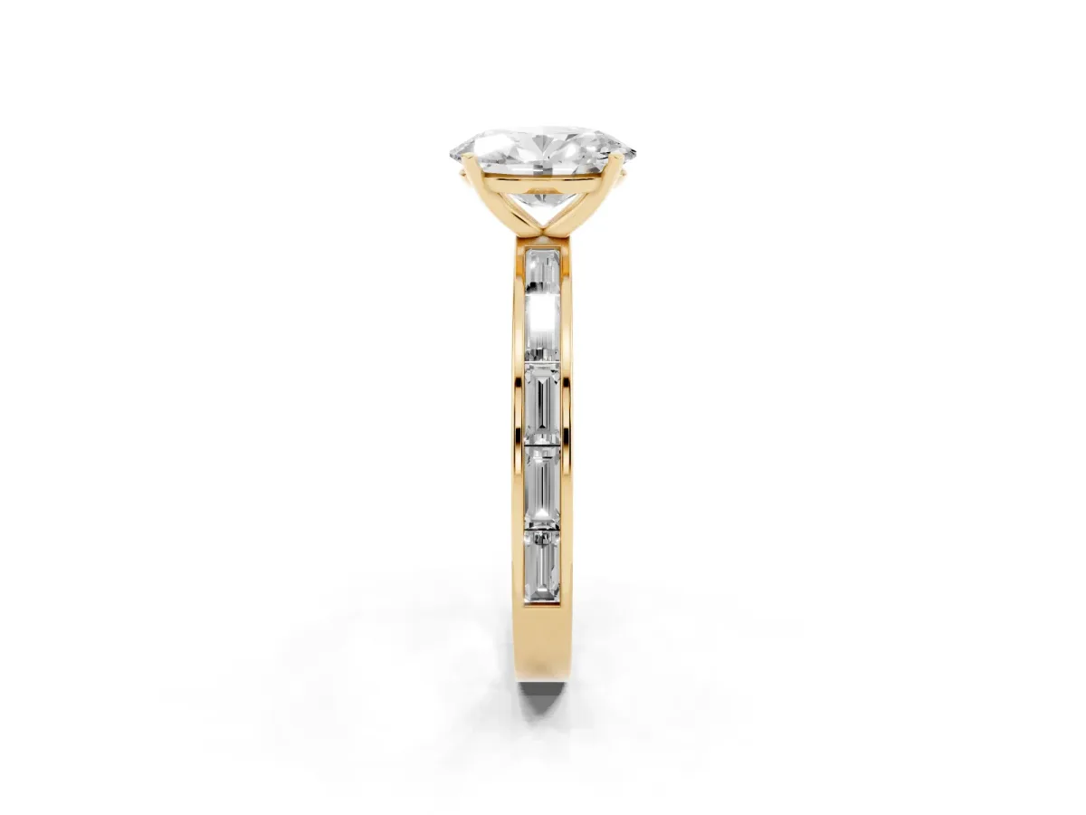Oval Cut Solitaire Diamond Ring with Channel-Set Baguette Band and Four-Prong Setting Yellow gold