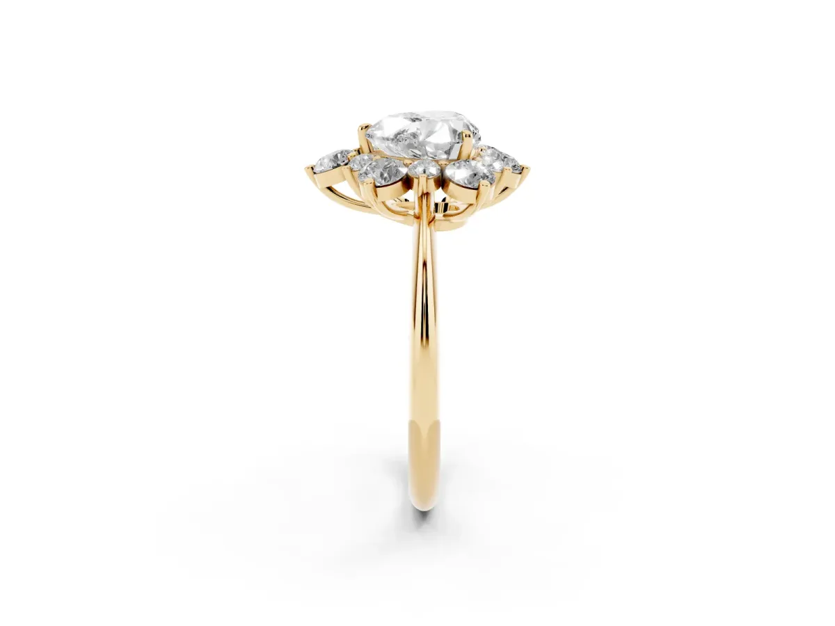 Heart Cut Diamond Cluster Halo Ring with Solitaire Band and Four-Prong Setting Yellow gold