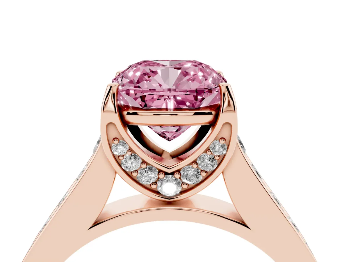 Fancy Pink Cushion Cut Brilliant Cut Diamond Engagement Ring with Pavé Band and Four-Prong Setting Rose gold