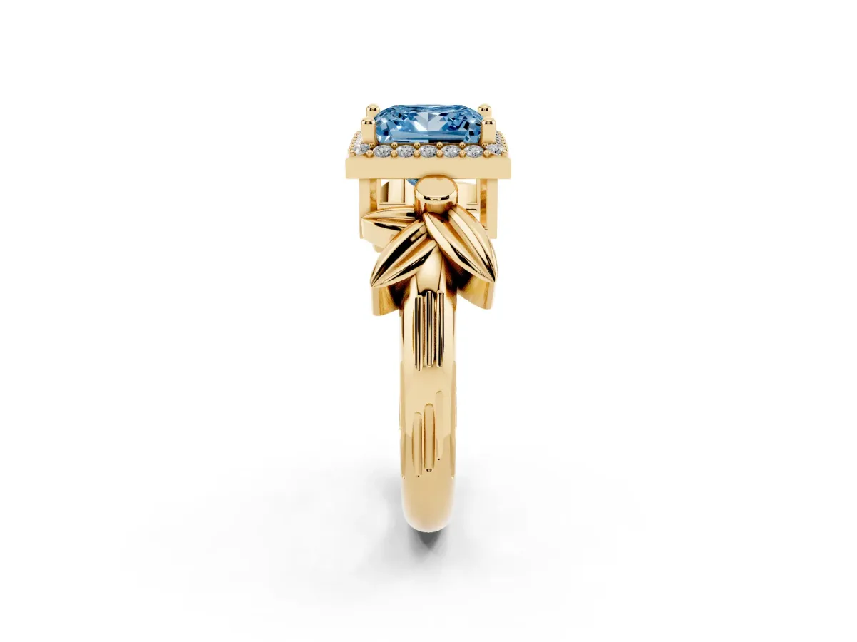 Fancy Blue Princess Cut Halo Diamond Floral Band with Four-Prong Setting Yellow gold