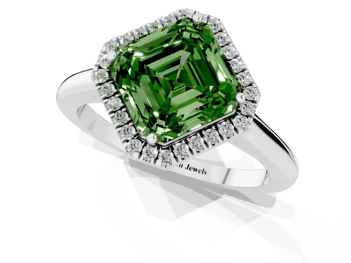 Fancy Green Asscher Cut Halo Round Diamond Solitaire Engagement Ring with Pave Band and Four-Prong Setting White gold