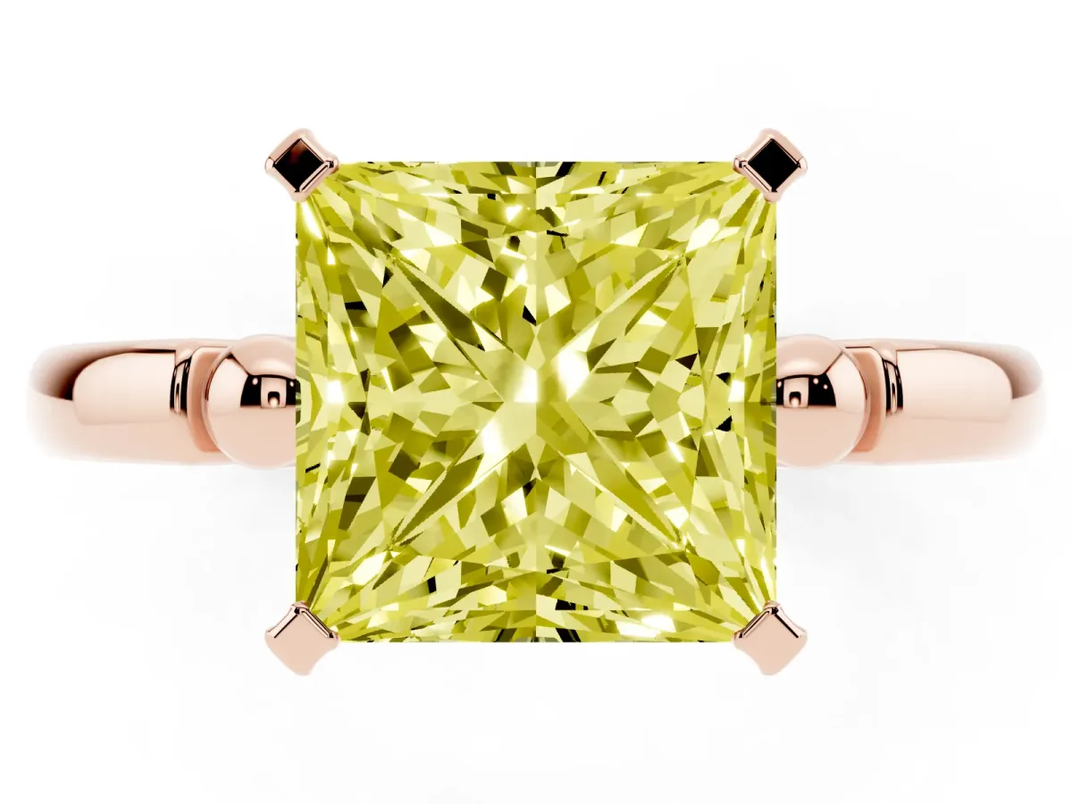 Fancy Yellow Princess Cut Solitaire Beaded Band with Four-Prong Setting Rose gold