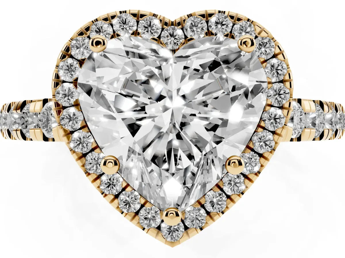 Heart Cut Diamond Halo Ring with Pavé Band and Four-Prong Setting Yellow gold