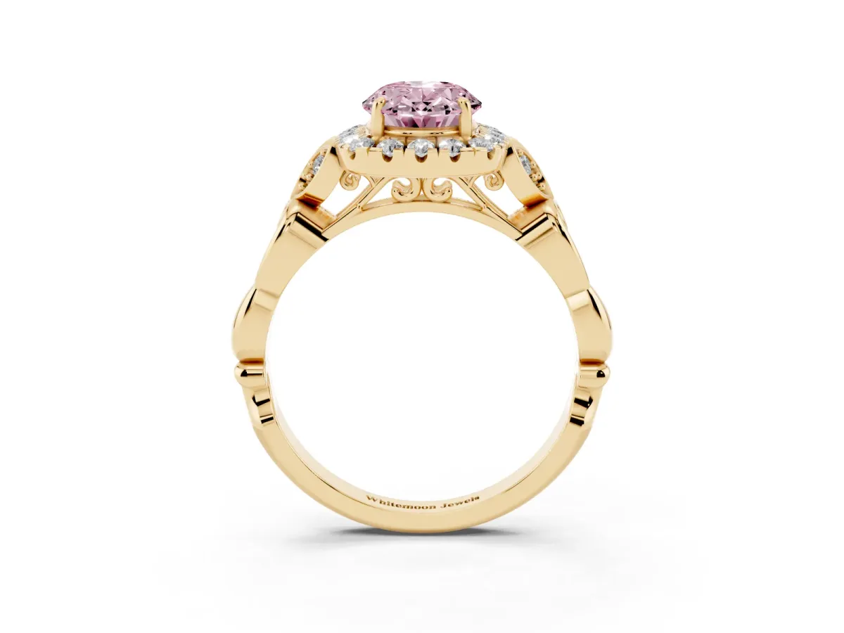 Fancy Pink Oval Cut Halo Diamond Engagement Ring with Vintage-Inspired Band and Four-Prong Setting Yellow gold
