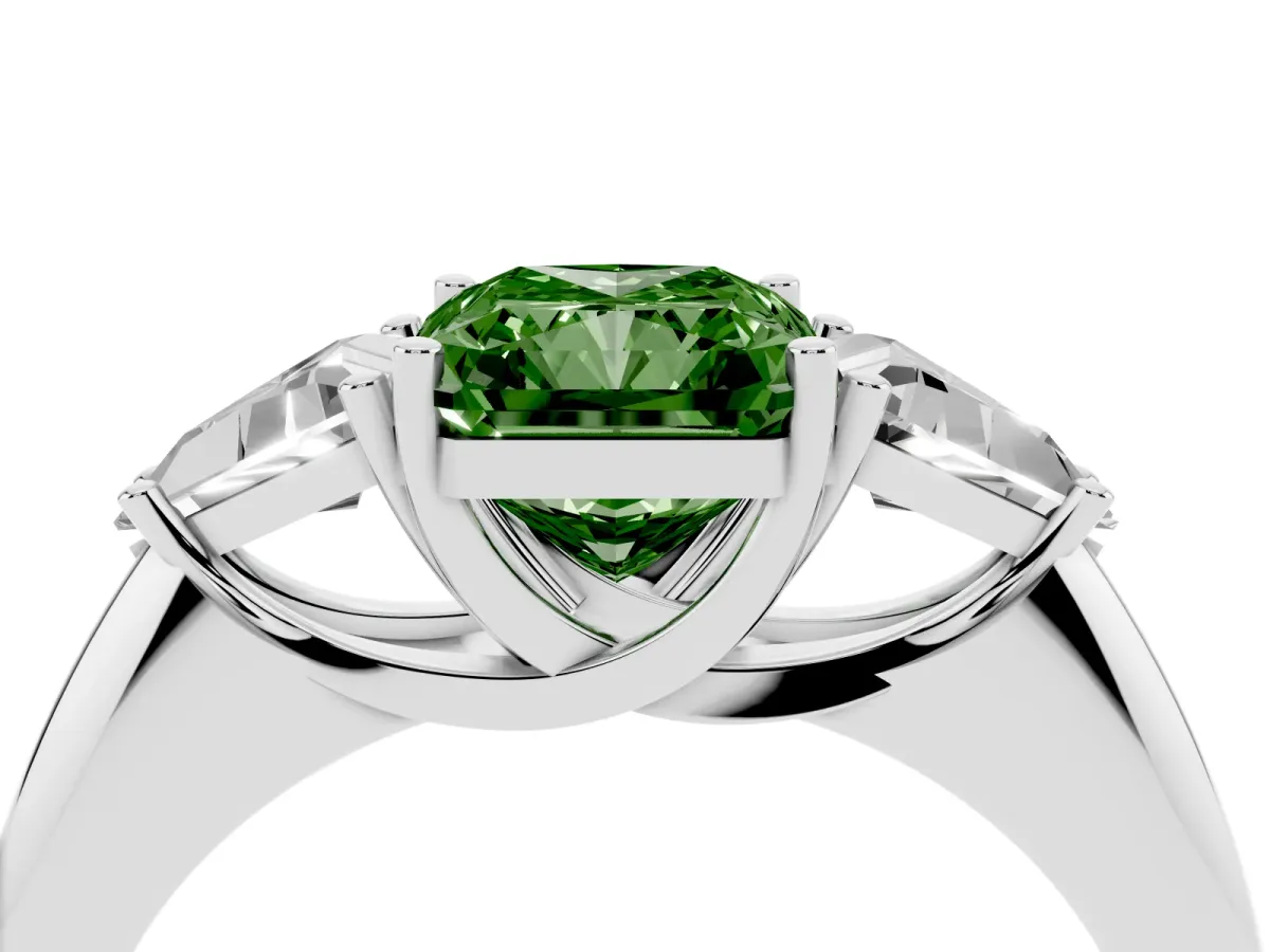 Fancy Green Three-Stone Radiant Cut Diamond Engagement Ring with Trillion Side Stones and Prong Setting Silver