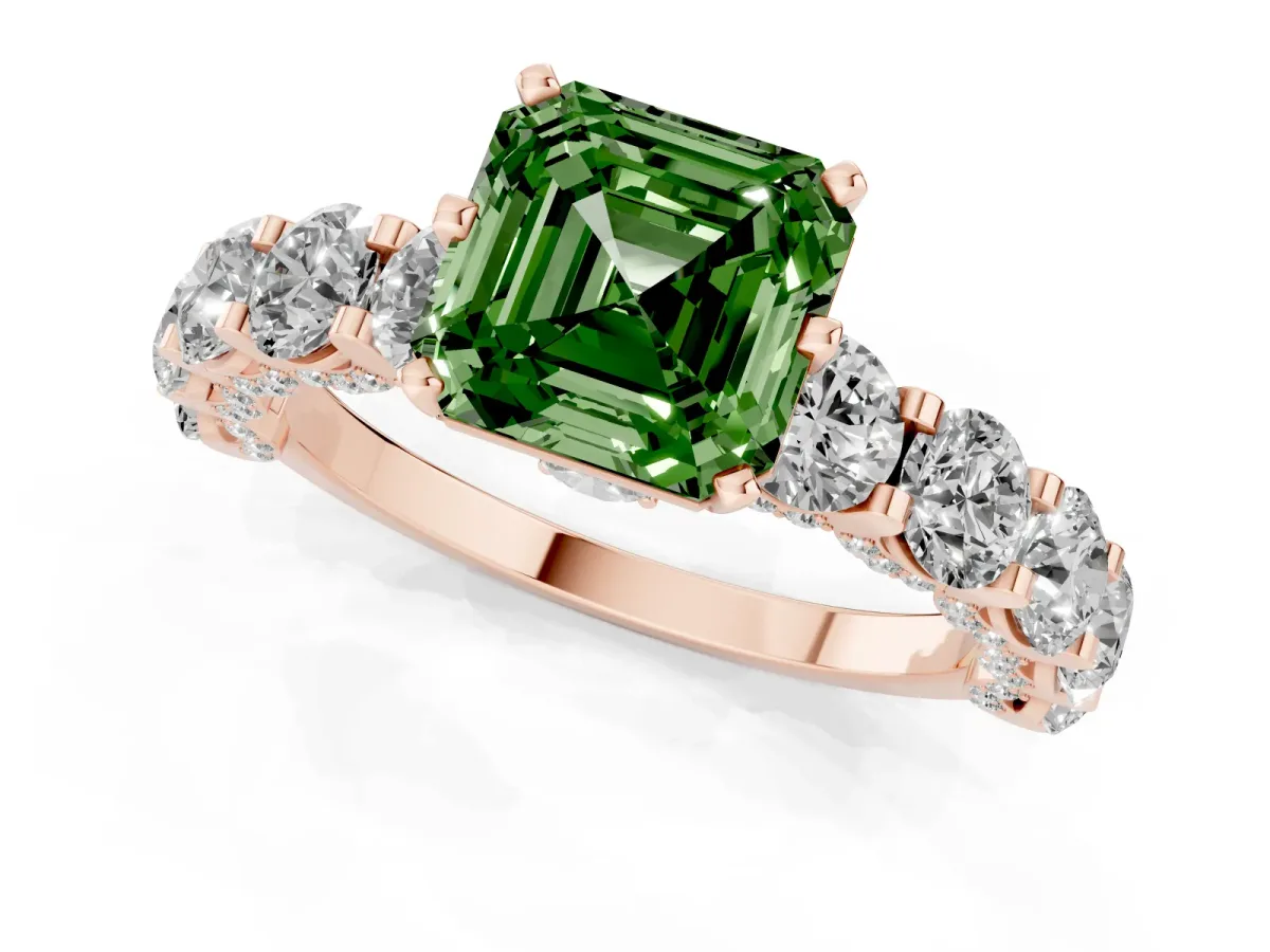 Fancy Green Asscher Cut Diamond Side Stone Engagement Ring with Four-Prong Setting Rose gold