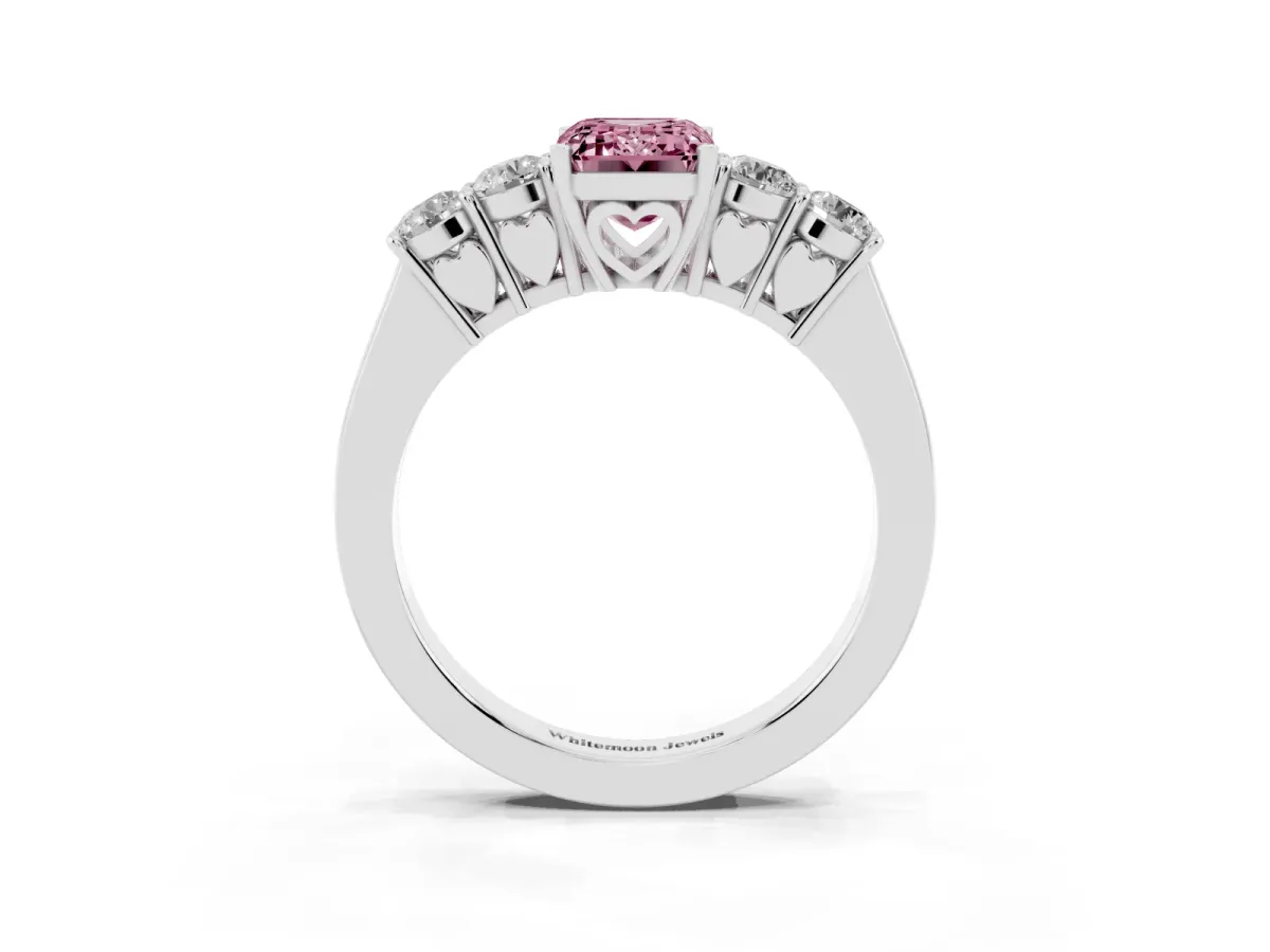 Fancy Pink Emerald Cut Cut Diamond Five-Stone Prong Set White Gold Ring Silver