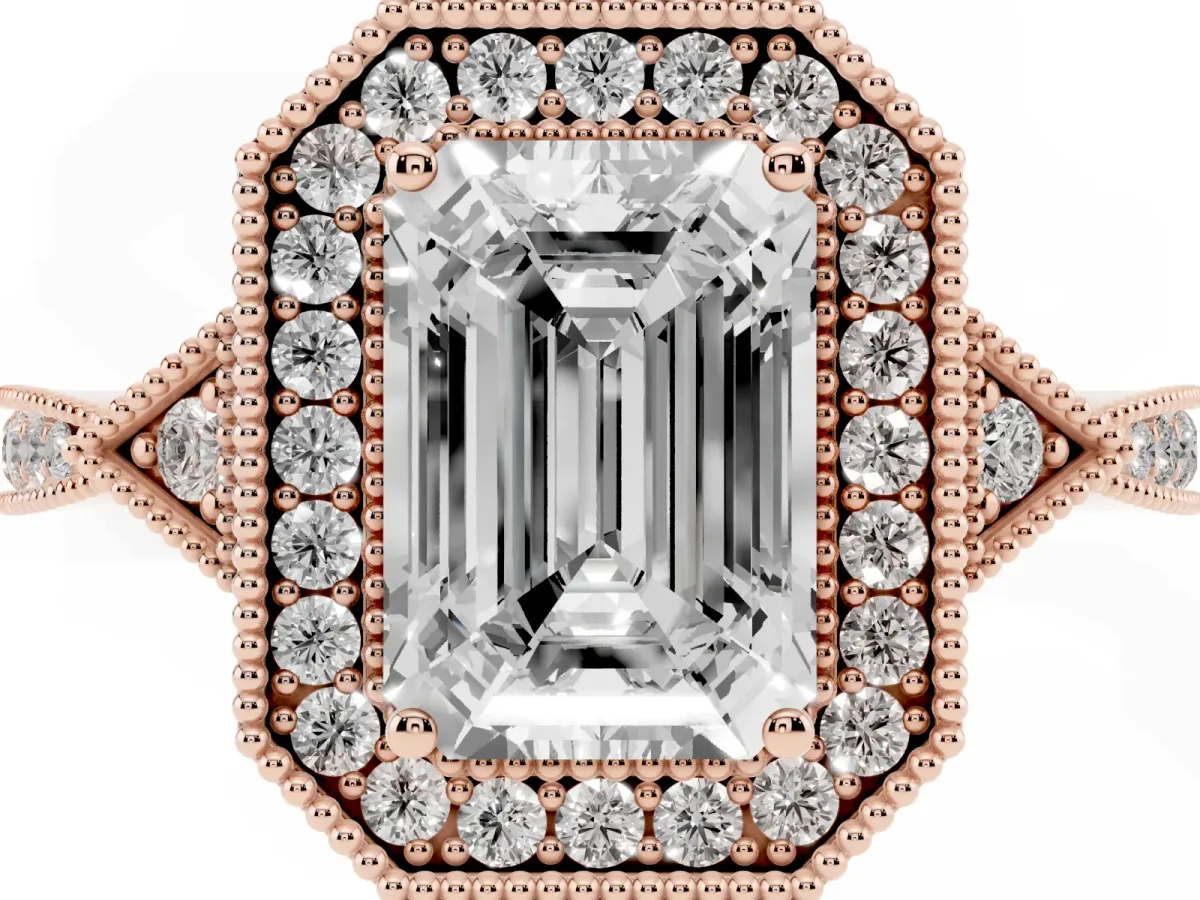 Emerald Cut Halo Round Diamond Milgrain Pave Engagement Ring Rose gold