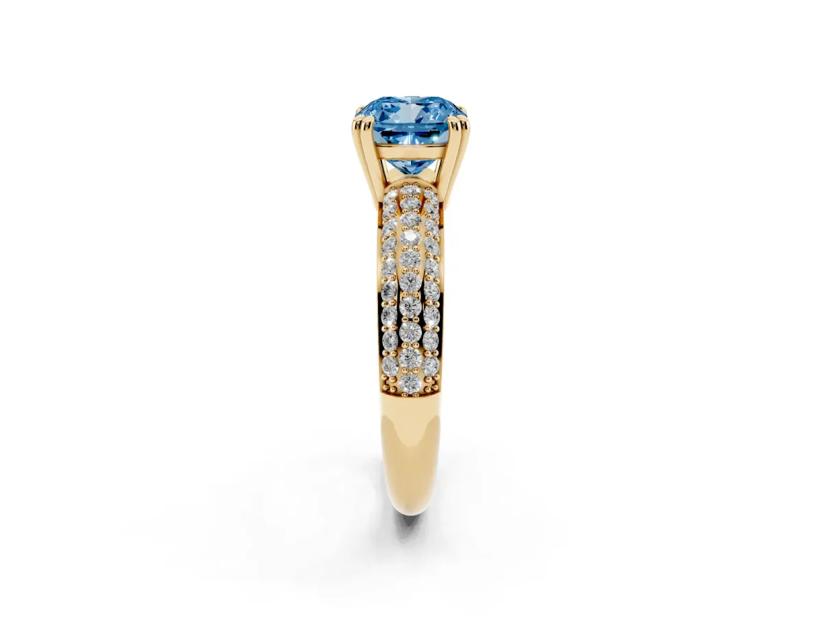 Fancy Blue Cushion Cut Diamond Solitaire Ring with Multi-Row Round Pavé Band and Prong Setting Yellow gold