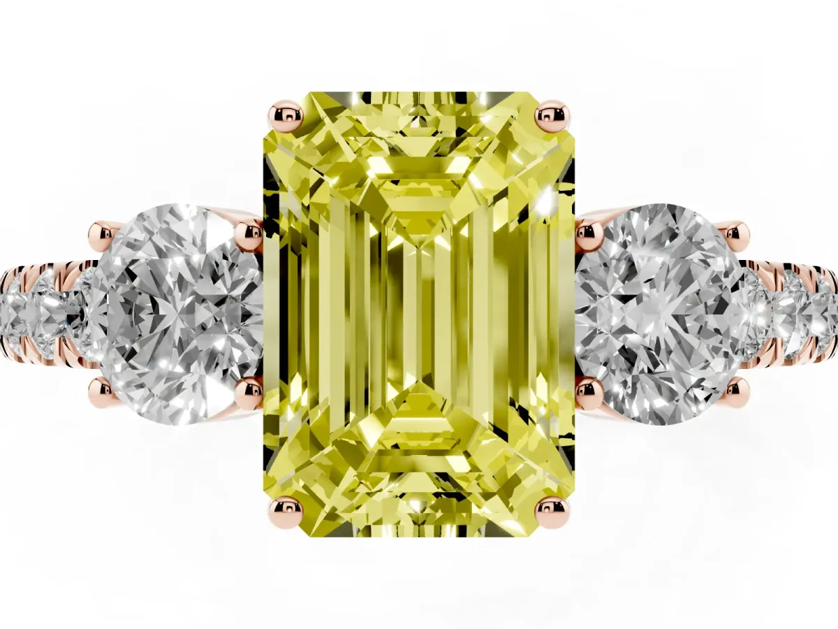 Fancy Yellow Emerald Cut Cut Diamond Three-Stone Ring with Round Side Stones and Pavé Band Rose gold