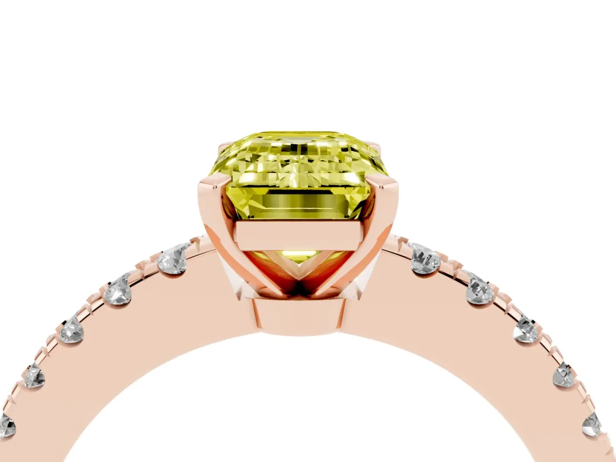 Fancy Yellow Emerald Cut Solitaire Diamond with Pavé Band and Four-Prong Setting Rose gold