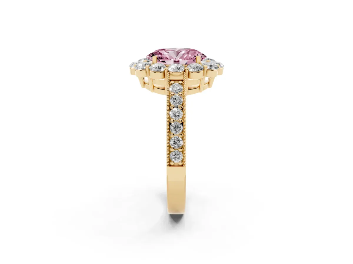 Fancy Pink Oval Cut Cut Halo Diamond Pavé Engagement Ring with Milgrain Detailing Yellow gold