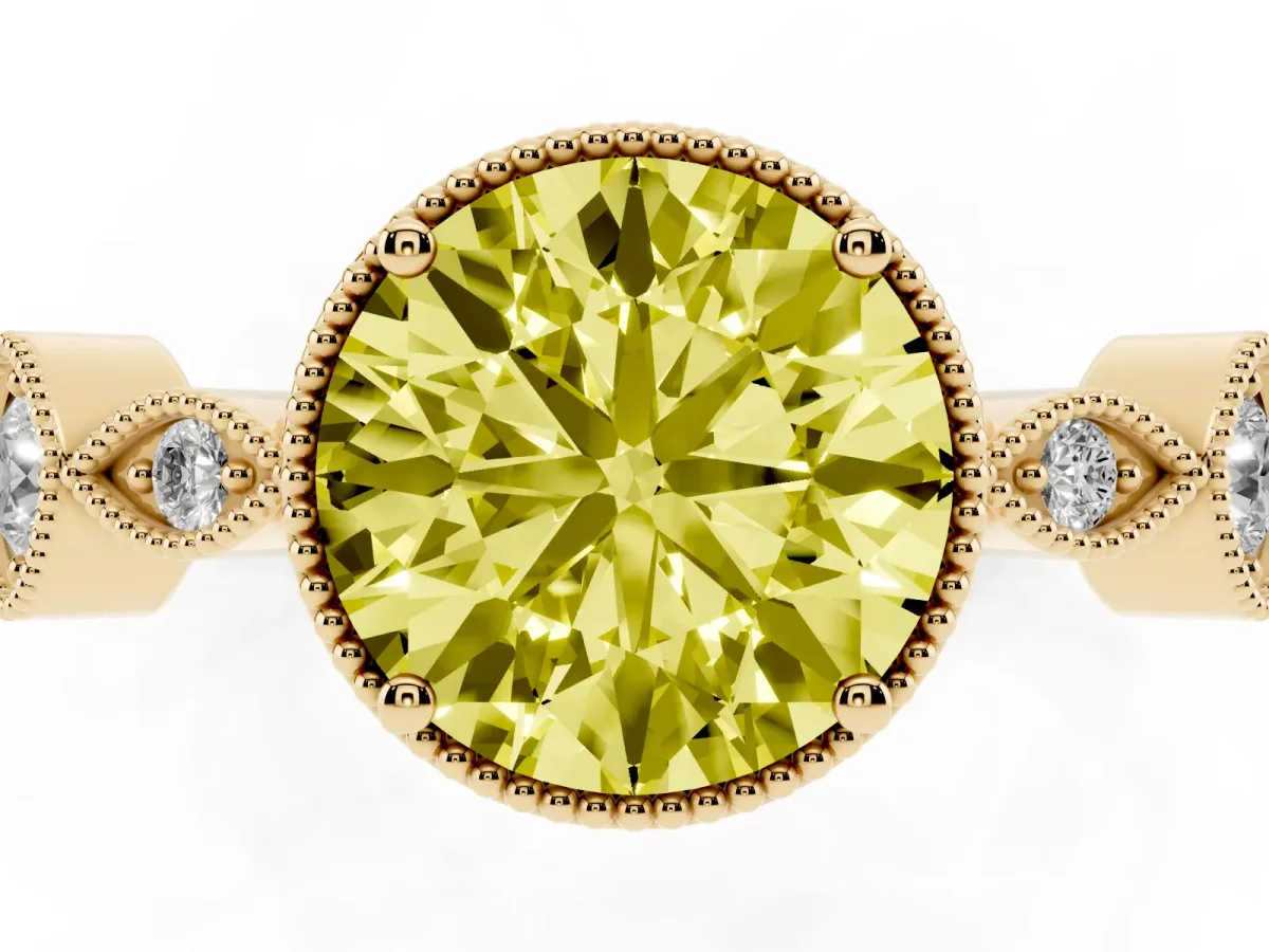 Fancy Yellow Round Cut Diamond Vintage Milgrain Ring with Round Stations Yellow gold