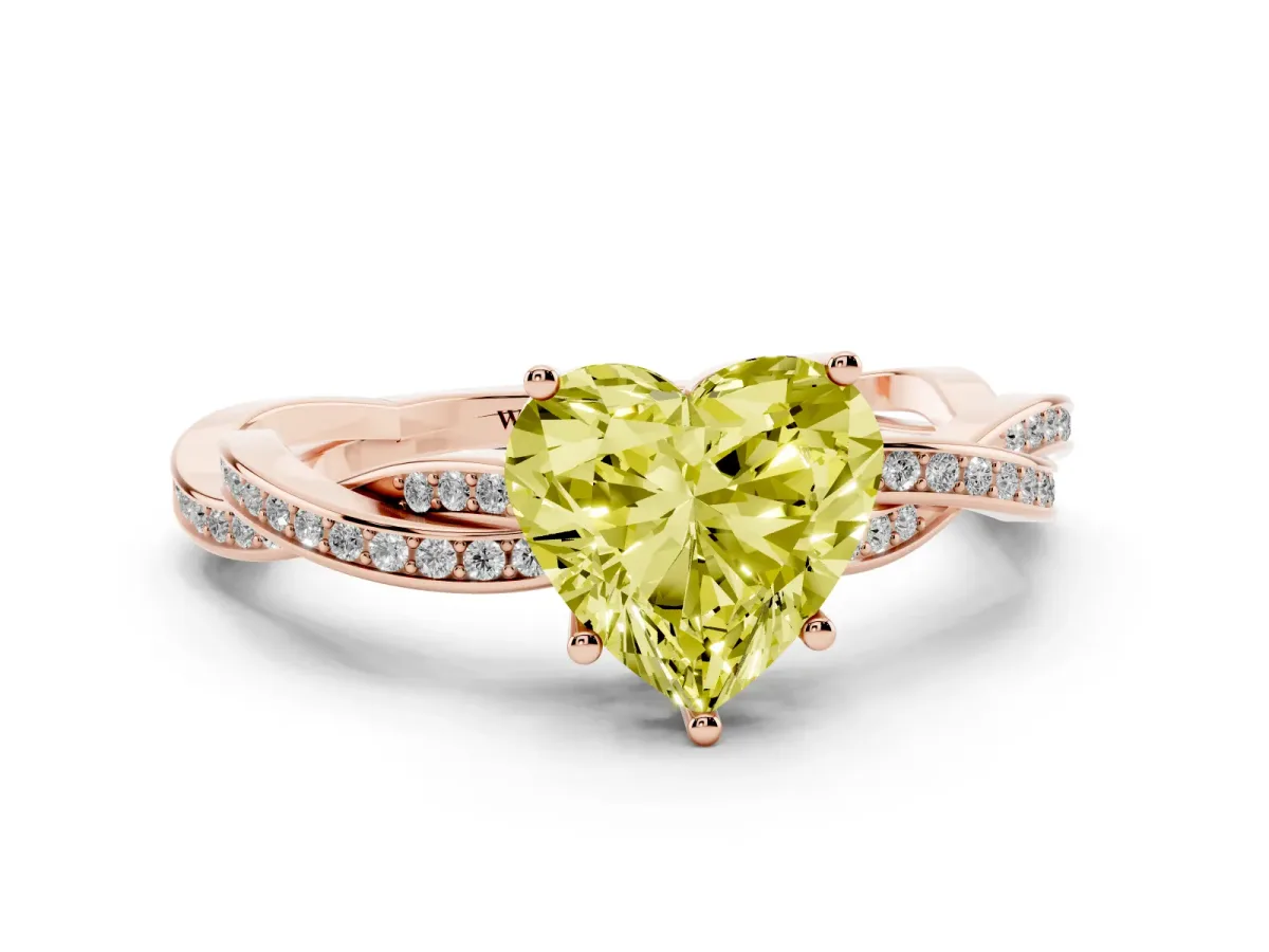 Fancy Yellow Heart Cut Solitaire Twisted Pave Diamond Ring with Four-Prong Setting Rose gold