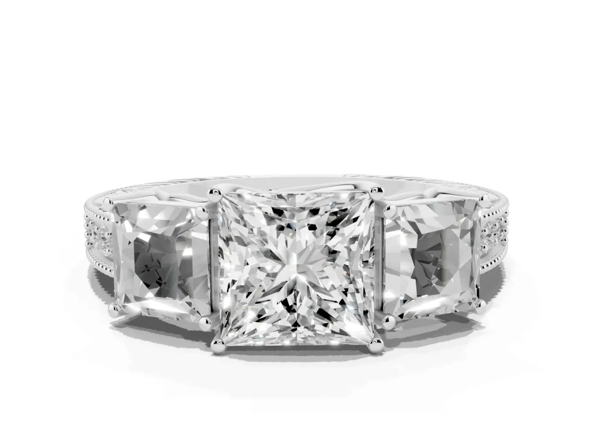 Three-Stone Princess Cut Cut Milgrain Pavé Engagement Ring Platinum