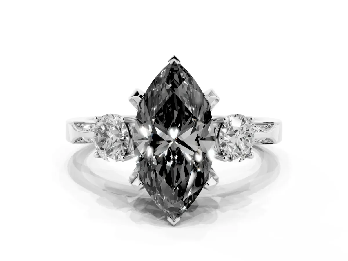 Fancy Black Marquise Cut Brilliant Three-Stone Diamond Ring with Pavé Band and Four-Prong Setting Platinum