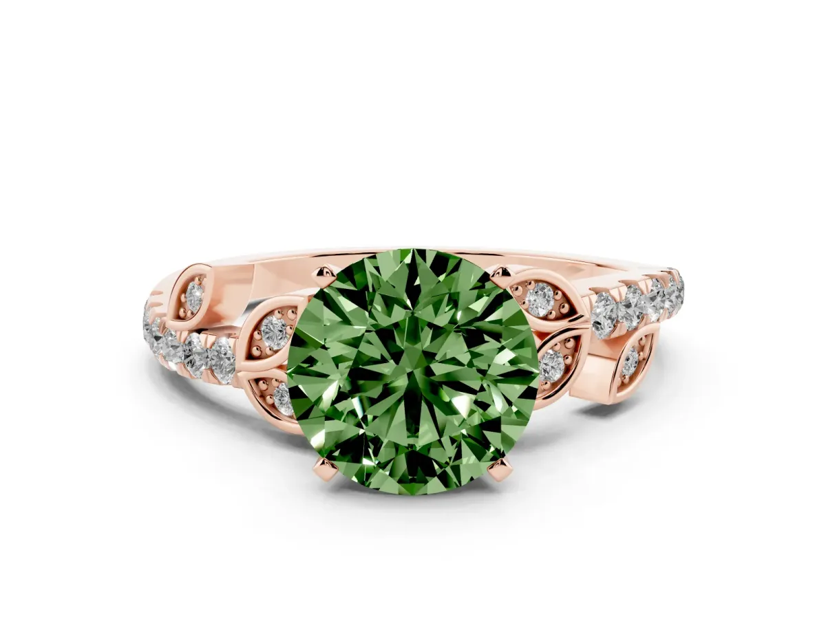 Fancy Green Round Cut Solitaire Leaf-Inspired Diamond Ring with Pavé Band and Four-Prong Setting Rose gold