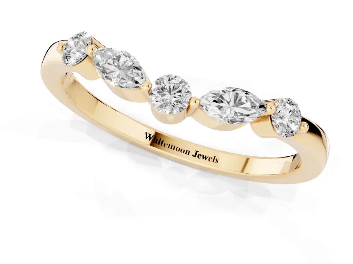 Round and Marquise Diamond Half Eternity Band with Prong Setting Yellow gold