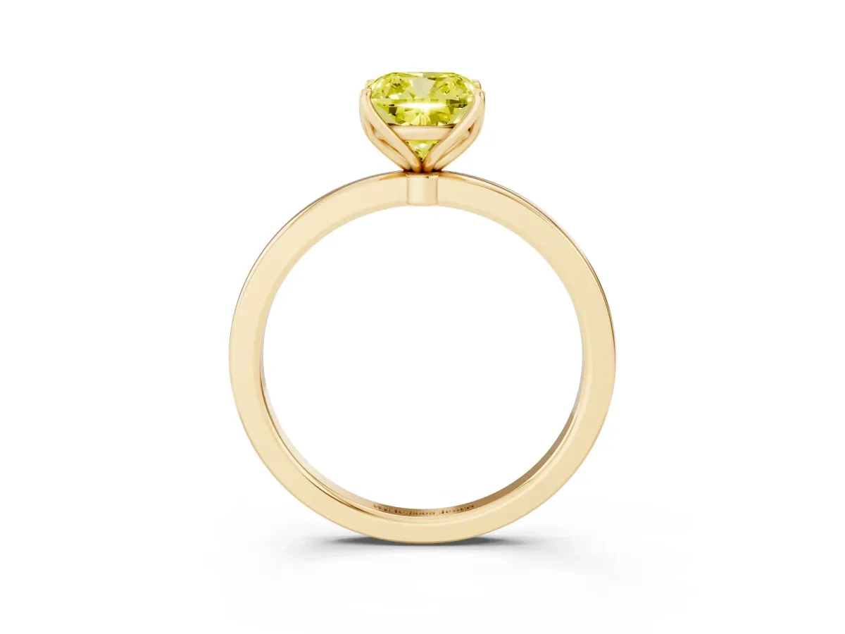 Fancy Yellow Cushion Cut Diamond Solitaire Ring with Thin Band and Prong Setting Yellow gold