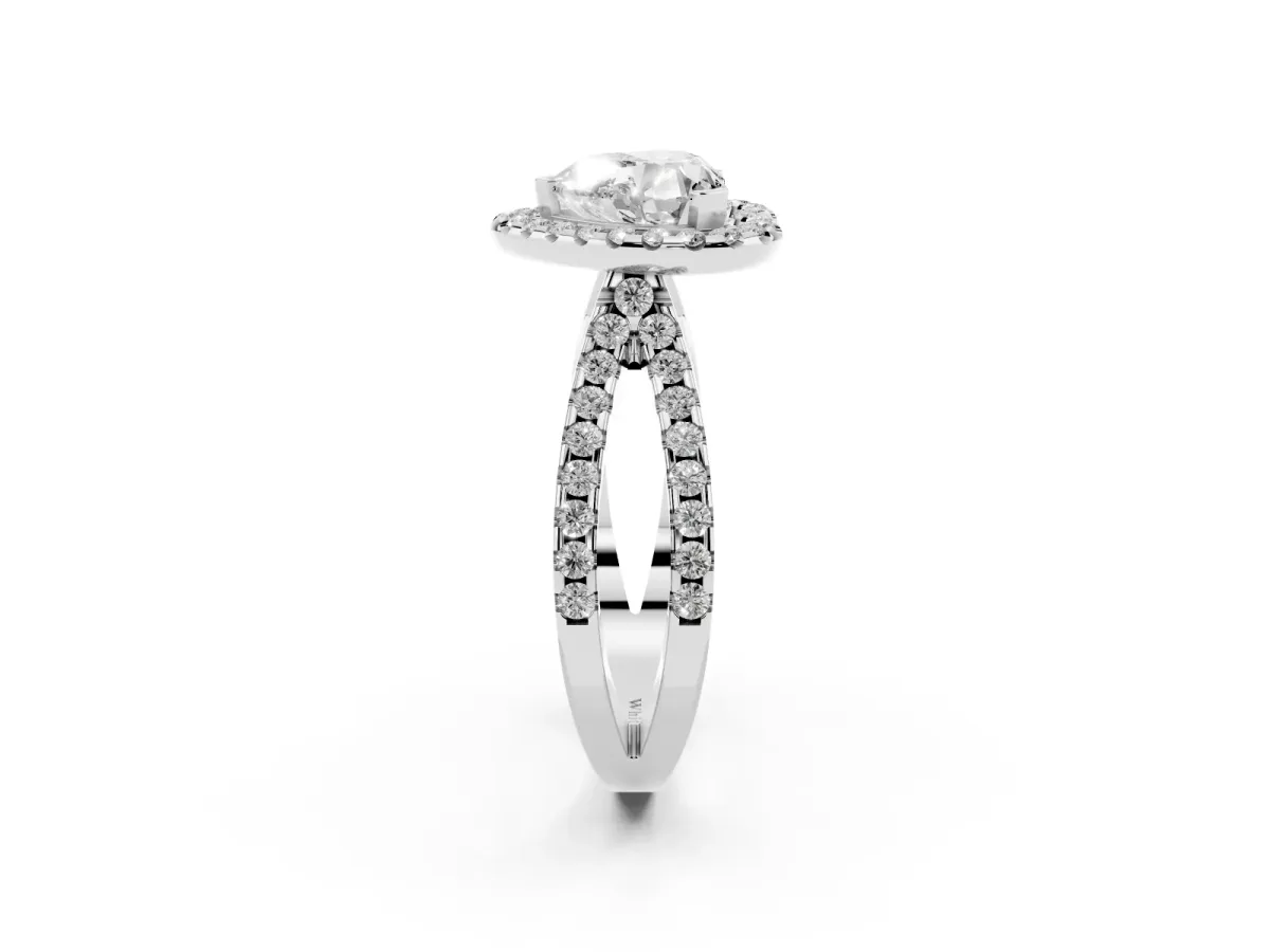 Heart Cut Diamond Halo Ring with Split Shank Pavé Band and Prong Setting Silver