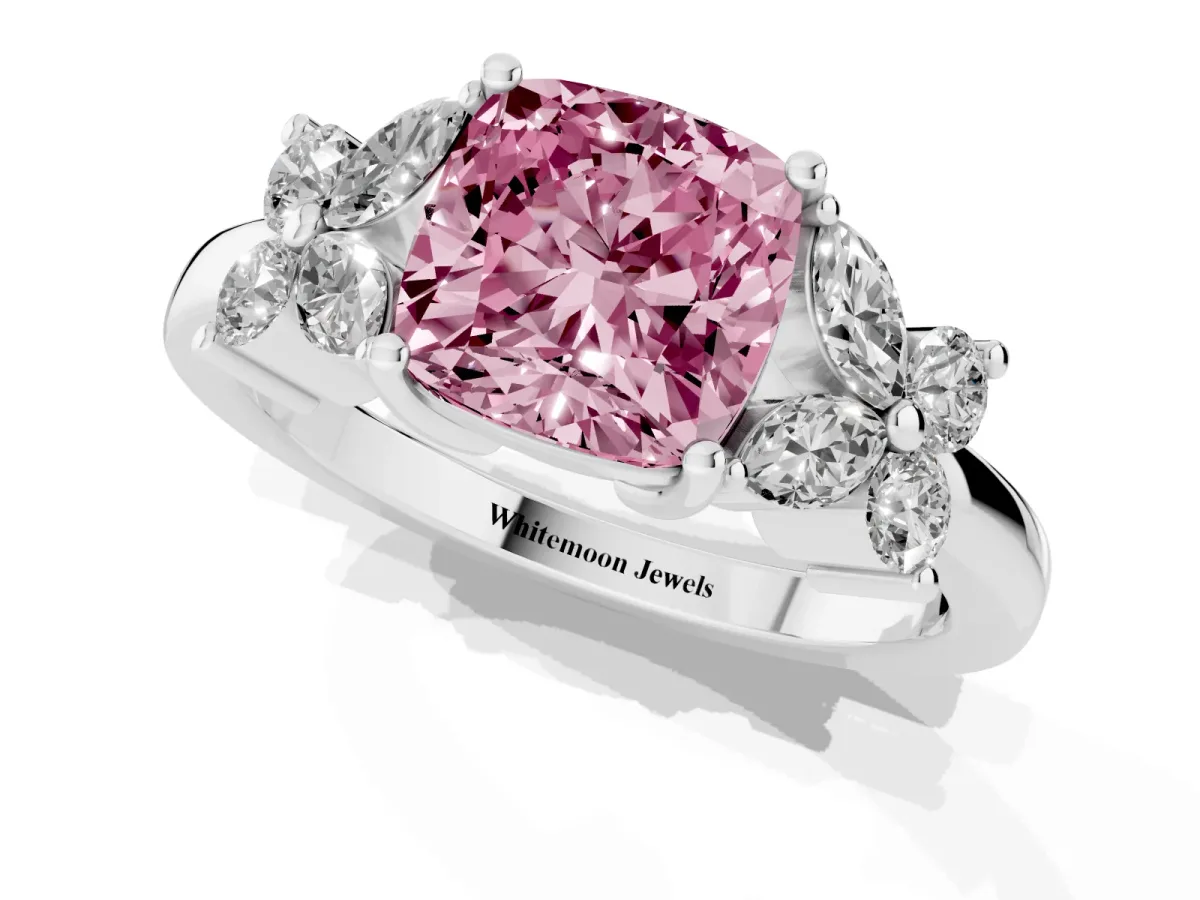 Fancy Pink Cushion Cut Diamond Floral Cluster Ring with Solitaire Band and Prong Setting White gold