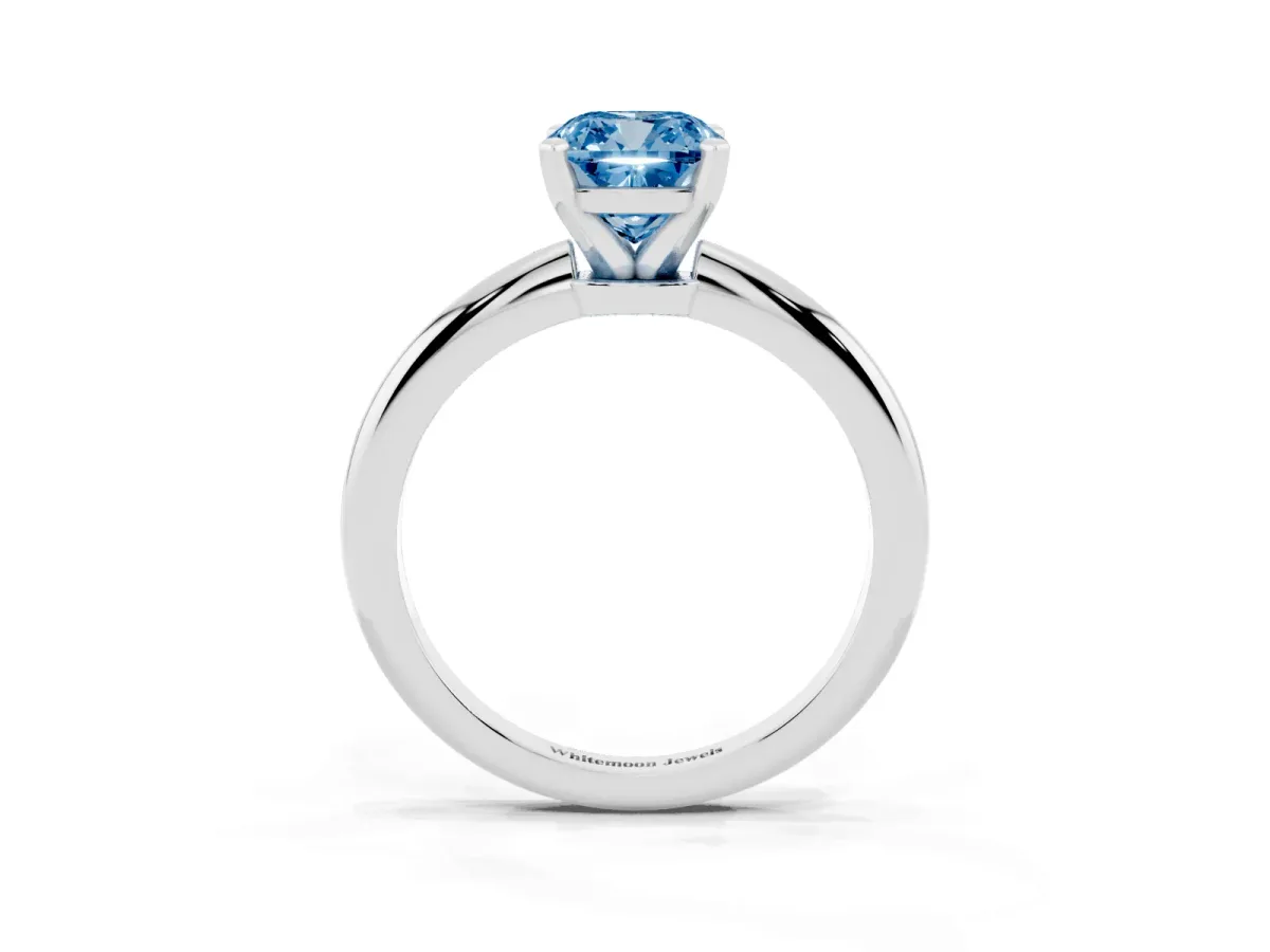 Fancy Blue Cushion Cut Diamond Solitaire Ring with Prong Setting and Classic Band Silver