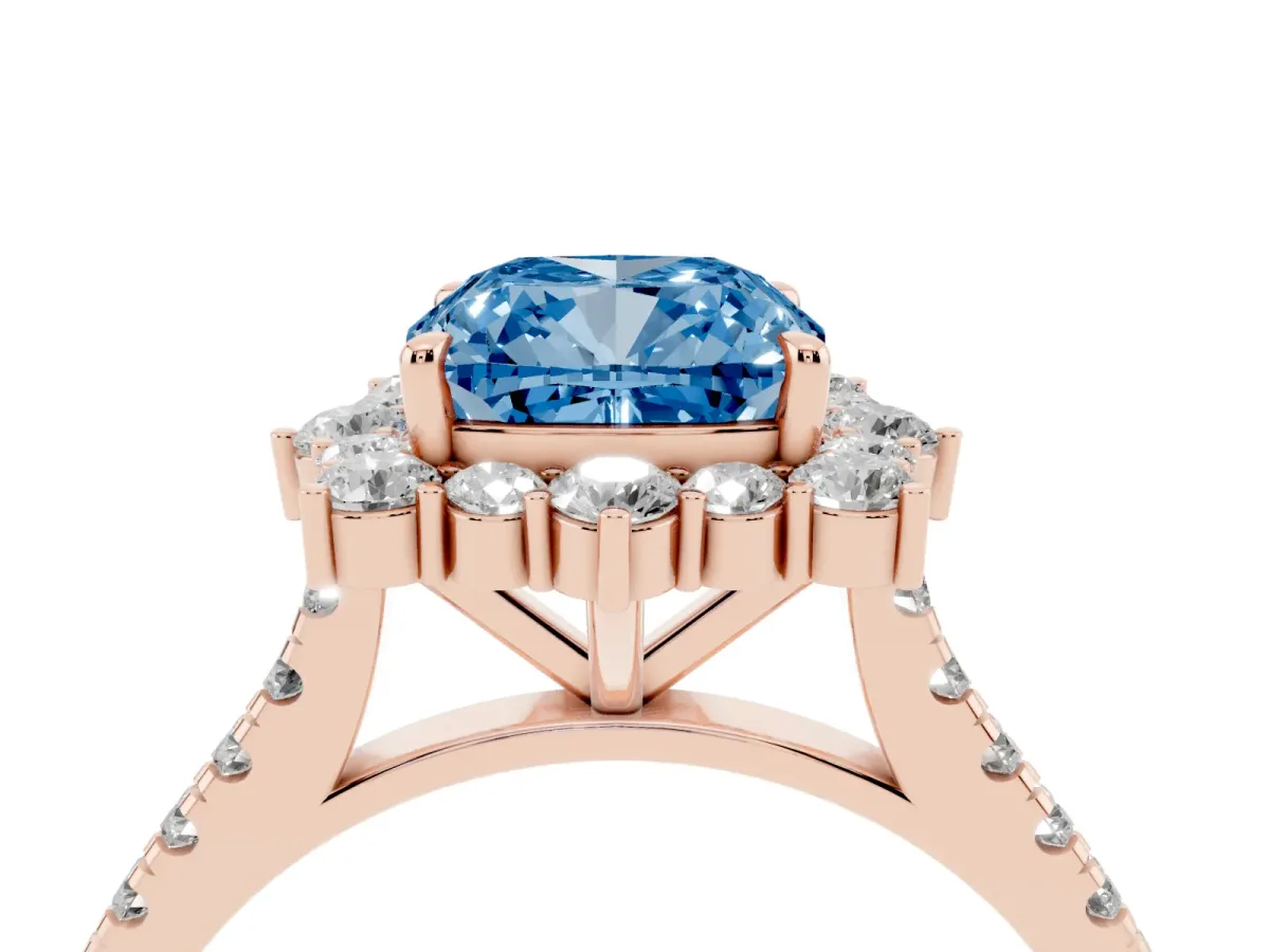 Fancy Blue Cushion Cut Halo Diamond Ring with Pavé Band and Prong Setting Rose gold