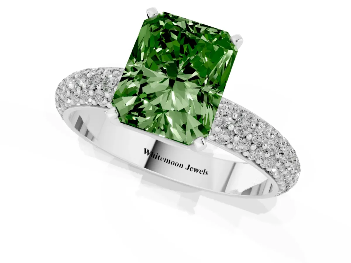 Fancy Green Radiant Cut Diamond Solitaire Ring with Prong Setting and Pavé Band Silver