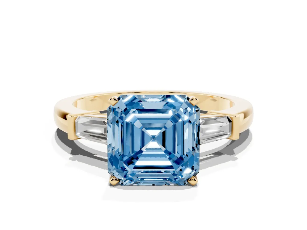 Fancy Blue Asscher Cut Cut Diamond Solitaire Ring with Tapered Baguette Accents and Four-Prong Setting Yellow gold